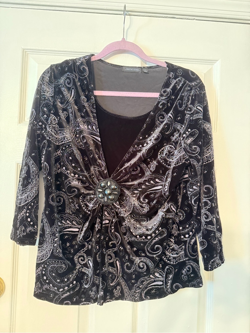 Notations Black Velvet Paisley Wrap Top with Decorative Brooch